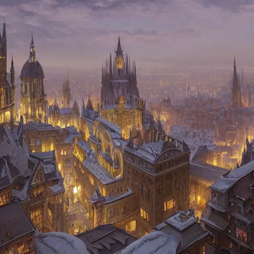 Prompt: an ultra detailed matte painting of the capital city of galic, grid shaped city cobblestone streets, fantasy capital city, light snowfall, wind, inspiring gothic architecture, ultrawide lense, aerial photography, unreal engine, exquisite detail, 8 k, art by greg rutkowski and alphonse mucha