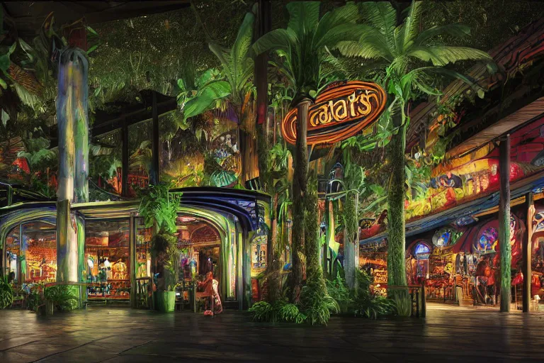 Image similar to photorealistic painting of a Rainforest Cafe by William Holman Hunt and Francesco Hayez, BladeRunner, dark, rainy, neon sign, octane render, 8k, award-winning, highly detailed, trending on arstation