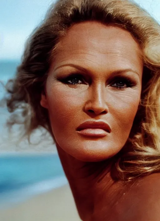 Prompt: A hyper realistic and detailed head portrait photography of Ursula Andress of Dr No walking on a secluded beach. by William Egglestone. 1980s art deco revival style. Cinematic. Golden Hour. Kodak Portra 400. Lens flare. 85mm lens