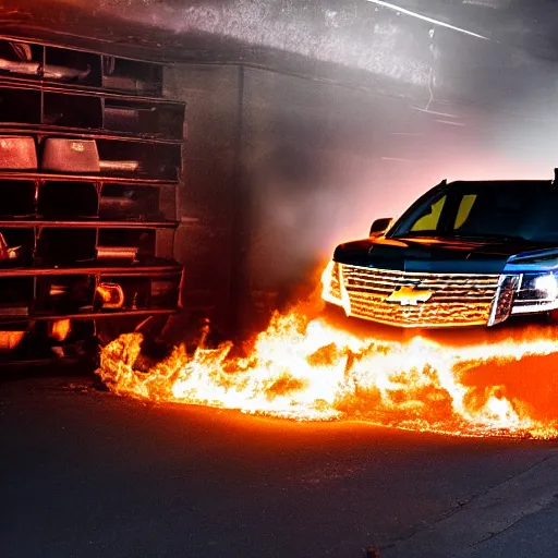 Image similar to a Chevy Tahoe in a dark burning warehouse, with flames illuminating
