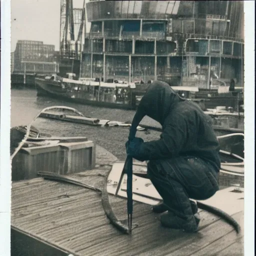 Image similar to a polaroid of a person welding in the harbour of Rotterdam