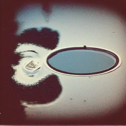 Image similar to polaroid of a beautiful gasoline puddle, reflection, pareidolia, cinematographic