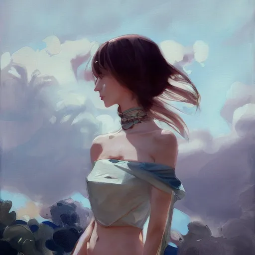 Prompt: anime, fashion, vogue, elle, oil painting, trending on artstation, john singer sargent, greg rutkowski, crop top, intricate, side profile