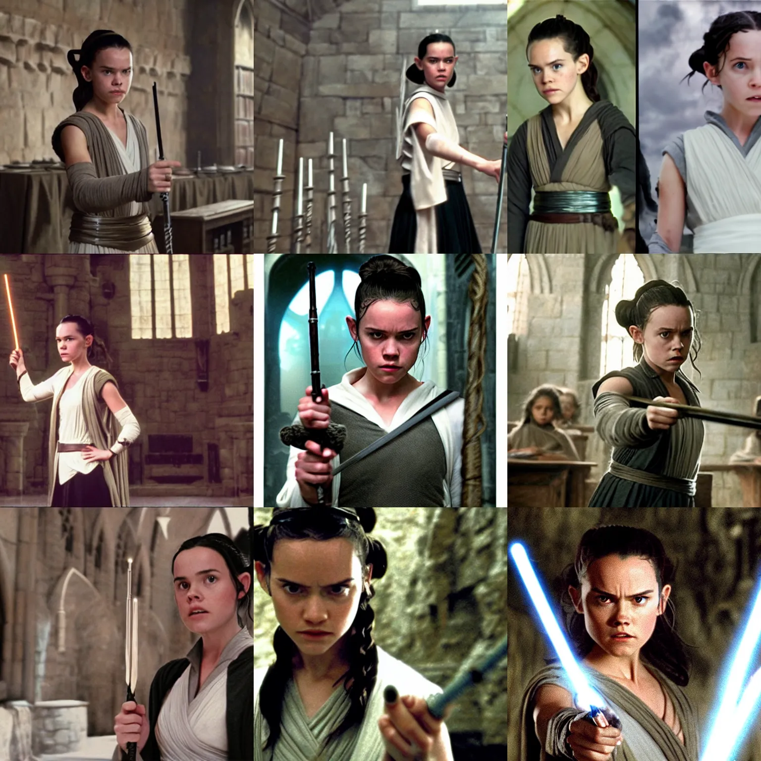 Prompt: Rey Skywalker from Star Wars as a witch at Hogwarts school, in a classroom, wearing a black blazer, white shirt and grey skirt, holding the elder wand, film still from 'Harry Potter and the Order of the Phoenix'