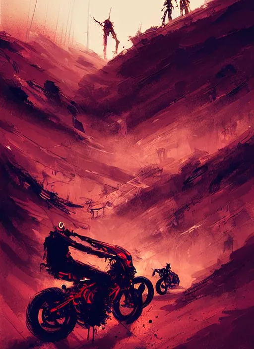 Image similar to horror art, motorbikers race in hell, red peaks in the background, art by ismail inceoglu