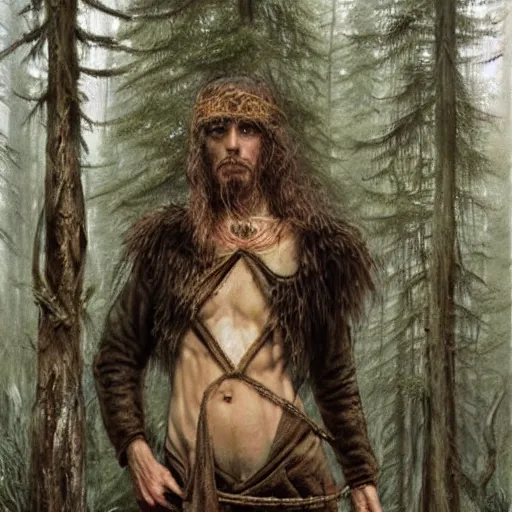 Image similar to slavic dog head man, woolen torso in medieval clothes, hiding in the forest, orthodox saint christopher, art by luis royo, oil painting, painting by viktor vasnetsov, concept art, hyperrealism, beautiful, high resolution, trending on artstation,