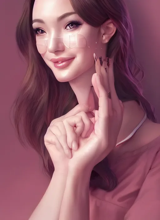 Image similar to beautiful, secretary woman, extremely detailed gorgeous face, looks realistic, hyper-detailed portrait, happy smile, vaporwave aesthetic, synthwave, magical, fantasy, ninchaku , artist Artgerm i and WLOP