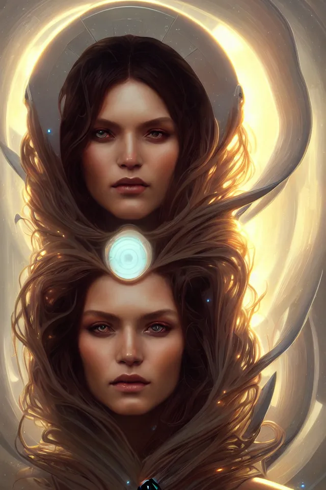 Image similar to futuristic woman portrait, sci-fi, amber eyes, face, long hair, fantasy, intricate, elegant, highly detailed, digital painting, artstation, concept art, smooth, sharp focus, illustration, art by artgerm and greg rutkowski and alphonse mucha