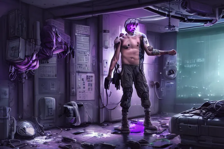 Image similar to Ultra realistic illustration, a hefty damaged cyberpunk male soldier cyborg with purple hair being patched up in a run down underground military medical bay with medical equipment hanging from ceiling, holographic display panels in background, rugged face, muscle body with battle scars, cyberpunk, soft purple neon lighting, sci-fi, fantasy, intricate, elegant, highly detailed, digital painting, artstation, concept art, smooth, sharp focus, illustration, dramatic lighting, art by Giger