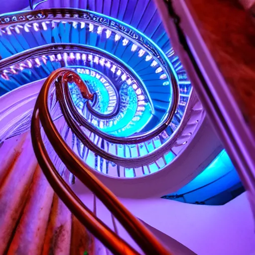 Prompt: spiral staircase made out of pc cooling equipment, in a rgb environment that looks like heaven, 4k, high detail