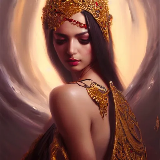 Prompt: expressive oil painting, of alluring persian girl, smooth glowing skin, love, adoration, ornate headpiece of black beads, tattoo, glamour shot, by yoshitaka amano, by greg rutkowski, by jeremyg lipkinng, by artgerm, digital art, octane render, white robe