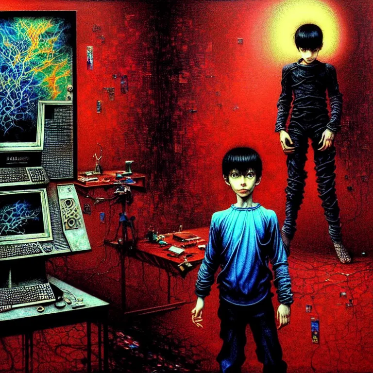 Image similar to a figure of a boy in front of a pc computer monitor in an old soviet apartment by ayami kojima, amano, karol bak, neo - gothic, gothic, rich deep colors. beksinski painting, from a movie by david cronenberg. art by takato yamamoto. masterpiece. realistic detailed image