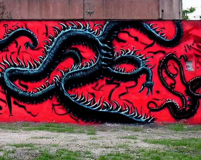 Image similar to 16k footage of a wall that has some lovecraftian graffiti on it inspired by wretched dragon rib cage. lovecraftian graffiti in red and black colors. the art is cursed and ecrusted with jewels.