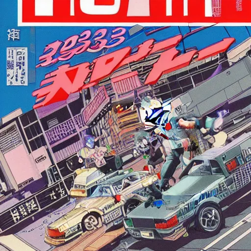 Prompt: 1993 Magazine Cover, Anime Neo-tokyo 4 bank robbers fleeing the scene with bags of money, Police Shootout, Highly Detailed, 8k :4 by Katsuhiro Otomo : 8