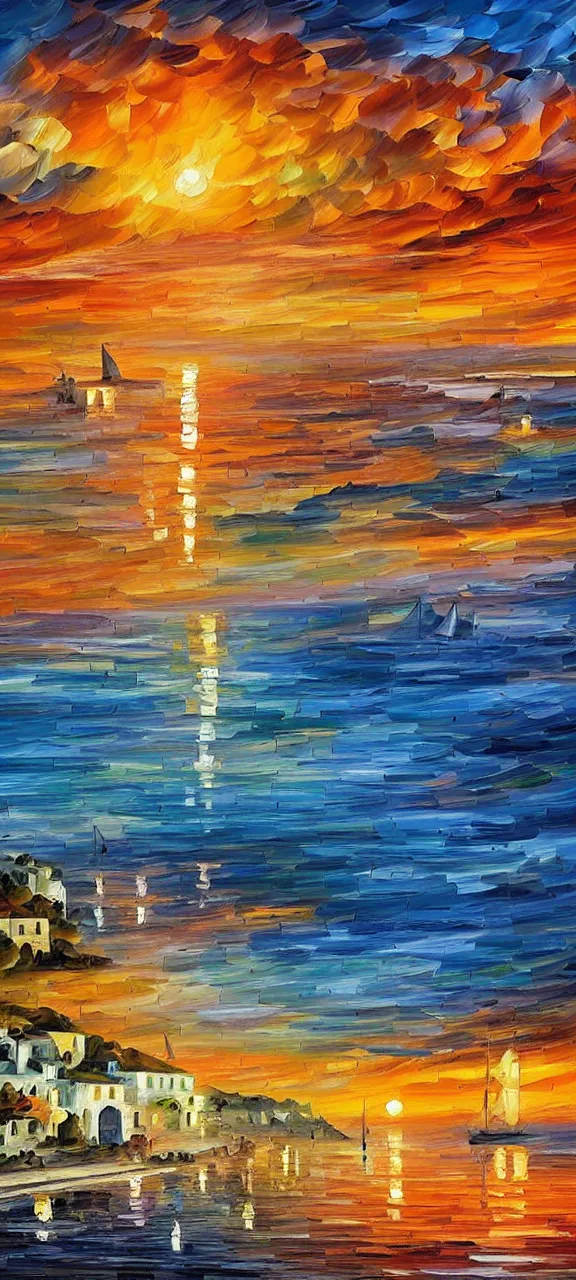 Image similar to beautiful seaside greek village at sunset in the style of leonid afremov