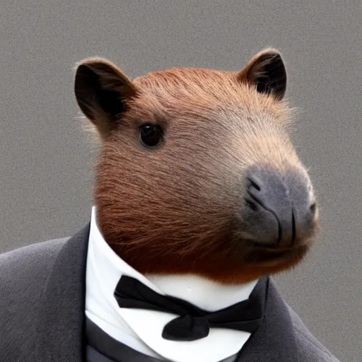 Image similar to a high detail photo of an antropomorphic capybara wearing a suit, subject= duck, subject detail: wearing a suit, photorealism