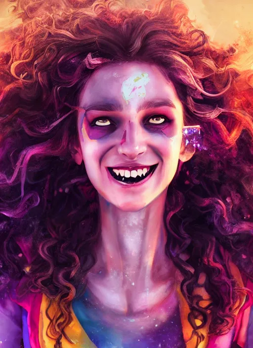 Image similar to an epic fantasy comic book style portrait painting of a girl wearing colorful makeup with a smile and curly brown hair stepping out of a doorway with light shining behind her, unreal 5, daz, hyperrealistic, octane render, cosplay, rpg portrait, dynamic lighting