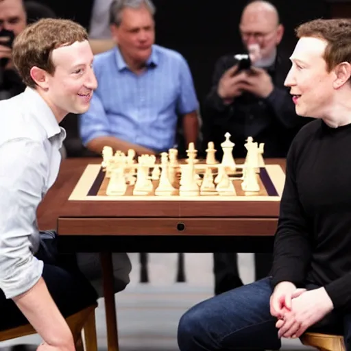 Prompt: Mark Zuckerberg plays chess with Elon Musk