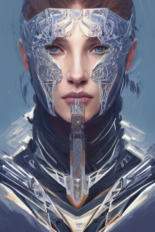 Image similar to symmetry!! portrait of knight in the style of horizon zero dawn, machine face, intricate, elegant, highly detailed, digital painting, artstation, concept art, smooth, sharp focus, illustration, art by artgerm and greg rutkowski and alphonse mucha, 8 k