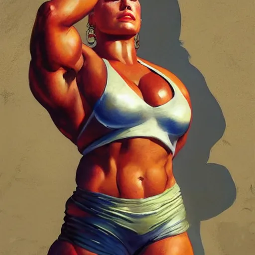 Image similar to greg manchess portrait of margot robbie as thick female bodybuilder zarya from overwatch in disco elysium, 1 3, epic grimdark, fantasy, medium shot, asymmetrical, profile picture, organic painting, sunny day, matte painting, bold shapes, hard edges, street art, trending on artstation, by huang guangjian and gil elvgren and sachin teng