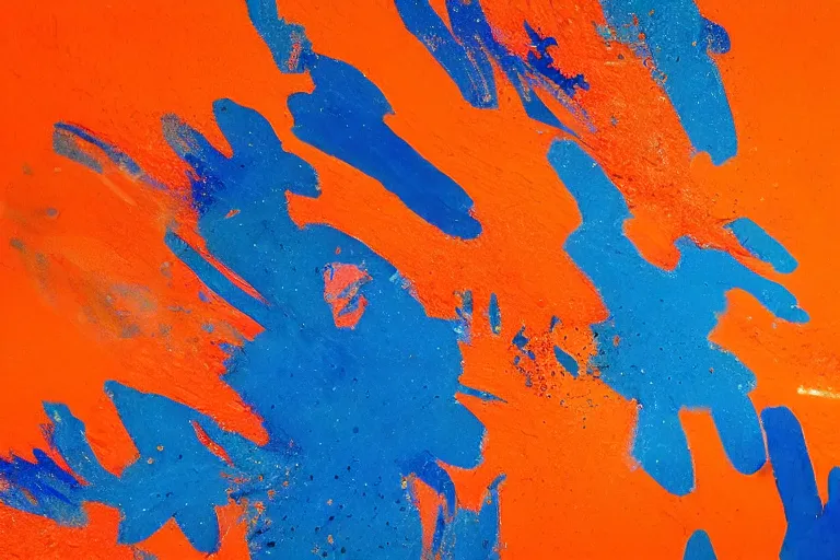 Prompt: slow motion footage of orange and blue paint colliding