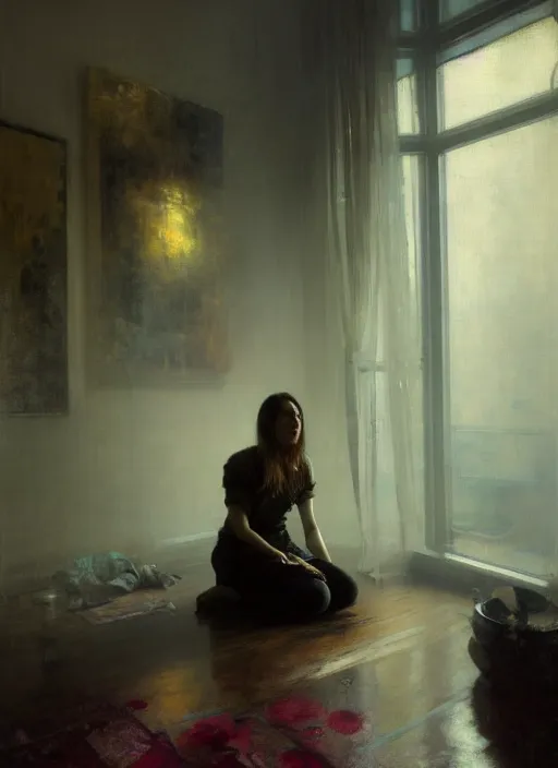 Image similar to a portrait of beautiful woman sitting in the floor, inside a modern apartment, detailed oil painting, misty, ethereal, dramatic lighting, 8 k, by jeremy mann and ruan jia and alphonse mucha