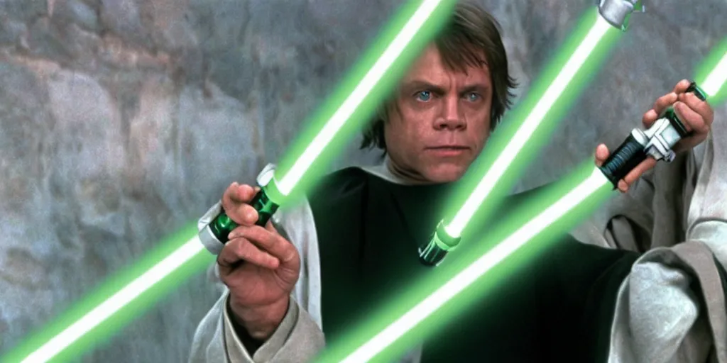 Prompt: a still from a film featuring clean shaven mark hamill as jedi master luke skywalker, holding a green lightsaber by the hilt, 3 5 mm, directed by steven spielberg, 1 9 9 4
