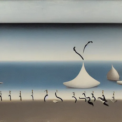 Prompt: seagulls on the beach by yves tanguy