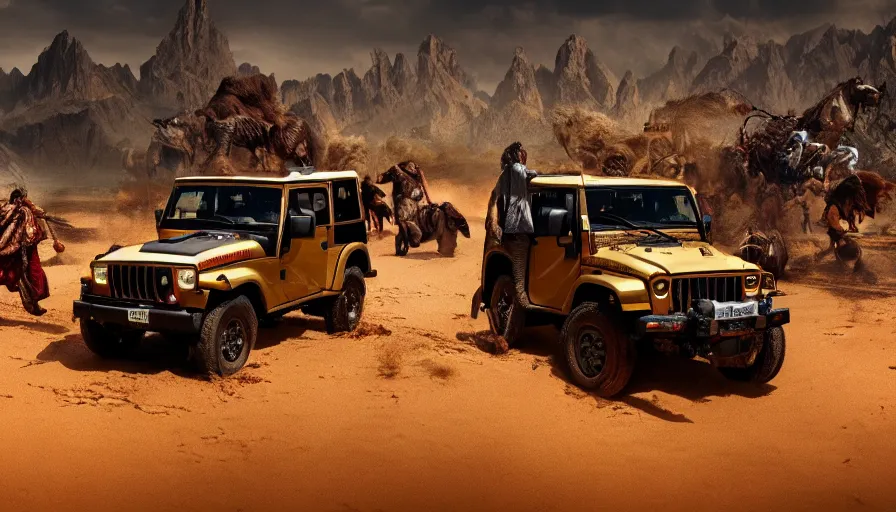 Image similar to Mahindra thar, tribe members attacking, action scene, an epic fantasy, dramatic lighting, cinematic, establishing shot, extremely high detail, photorealistic, cinematic lighting, artstation, matte painting, by christopher nolan, horizon forbidden west