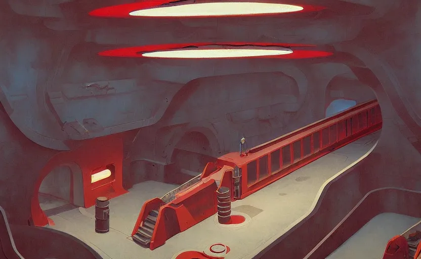 Prompt: Inside an underground submarine port, very coherent, painted by Edward Hopper, Wayne Barlowe, painted by James Gilleard, airbrush, art by JamesJean