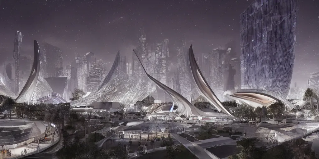 Prompt: city design by Zaha Hadid in starry nigth in the background