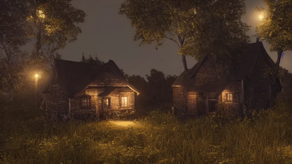 Image similar to A dark shadowy cottage at night, hyperrealistic, Cryengine 8k UHD