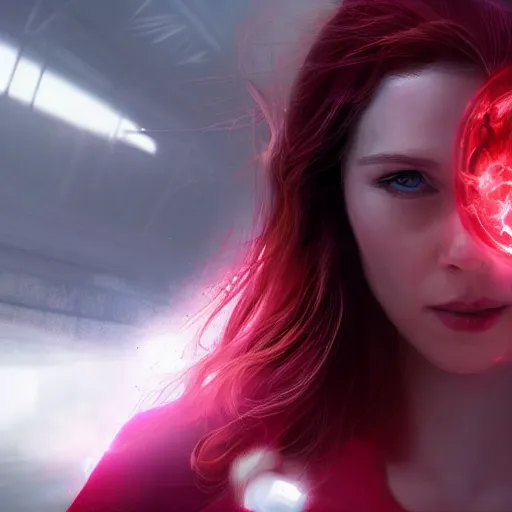 Prompt: movie still of scarlet witch creating a barrier around herself, photorealistic art style, futurism aesthetic, artstation, cgsociety contest winner