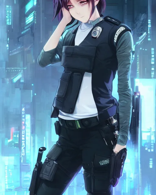 Image similar to anime key visual of a young female police officer, neon, cyberpunk, futuristic, white clothing, black vest, stunning, highly detailed, digital painting, artstation, smooth, soft focus, illustration, art by artgerm and greg rutkowski and alphonse mucha