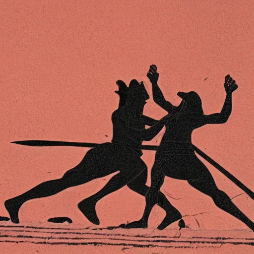 Prompt: cinematic still of silhouettes of two Mediterranean skinned men fighting in ancient Canaanite clothing, wrestling, knife, middle eastern field background, red hues, directed by Russell Mulcahy