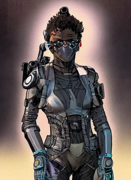 Image similar to selina igwe. apex legends buff cyberpunk spy in stealth suit. concept art by james gurney and mœbius. gorgeous face.