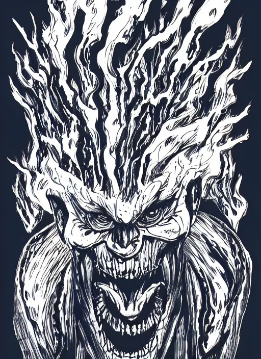 Prompt: pen and ink illustration of a demon monster, blue lightning strikes, agony