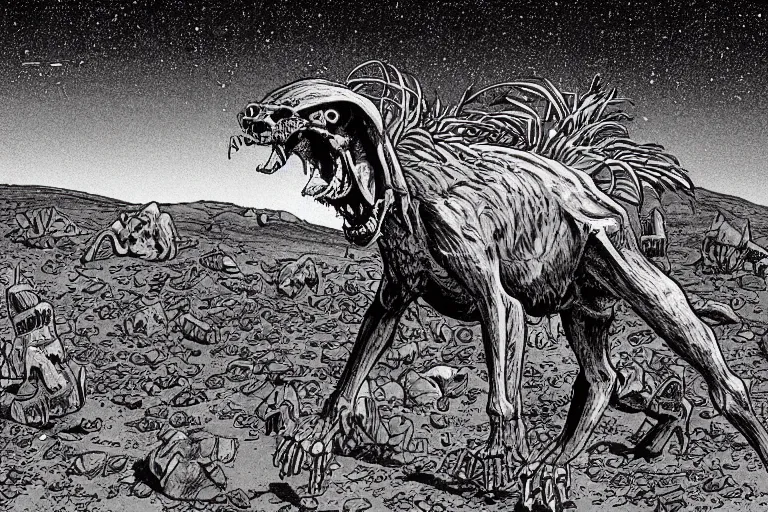 Prompt: monstrous evil xoloitzcuintli dog in the space atacama desert at dusk, hungry and drooling, cracking bones, near a retro - futuristic train station, futuristic comic book by moebius, william stout, katsuya terada