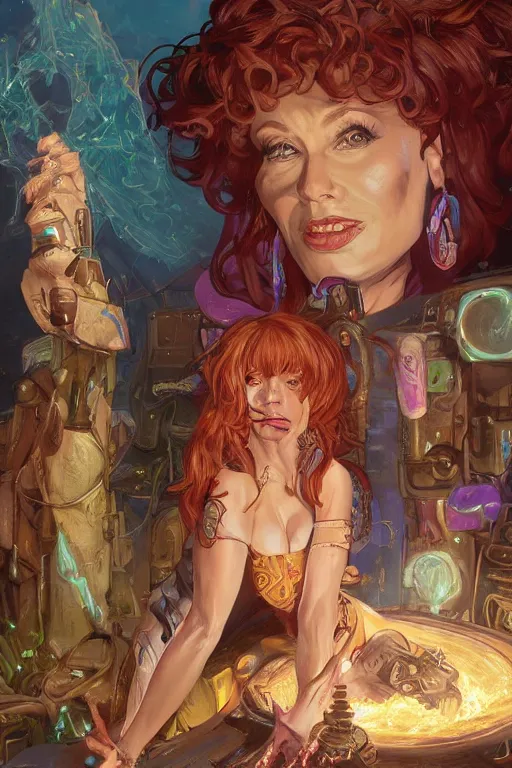 Prompt: peggy bundy as a sorceress surrounded by tacky glowing magic, used scifi style, d & d, sketchy lines and brushstrokes, 9 0 s retro, xtreme, no blur, 4 k resolution, ultra detailed, style of greg rutkowski, zac retz, kawase hasui, beeple, don bluth, alphonse mucha,