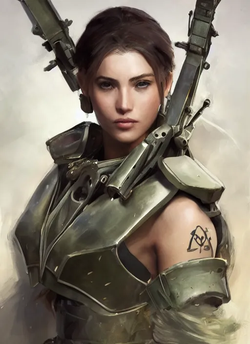 Prompt: a professionally painted full body portrait of an attractive young female, clothed in military-style battle armor, olive skin, long dark hair, beautiful bone structure, symmetrical facial features, intricate, elegant, digital painting, concept art, smooth, sharp focus, illustration, finely detailed, from Metal Gear by Ruan Jia and Mandy Jurgens and Artgerm and William-Adolphe Bouguerea