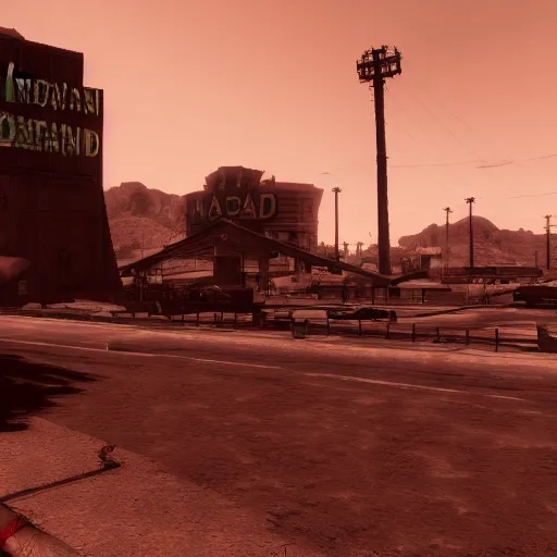 Image similar to the strip from fallout new vegas, mxr mods, 4 k, graphics overhaul, modded, unreal engine 5