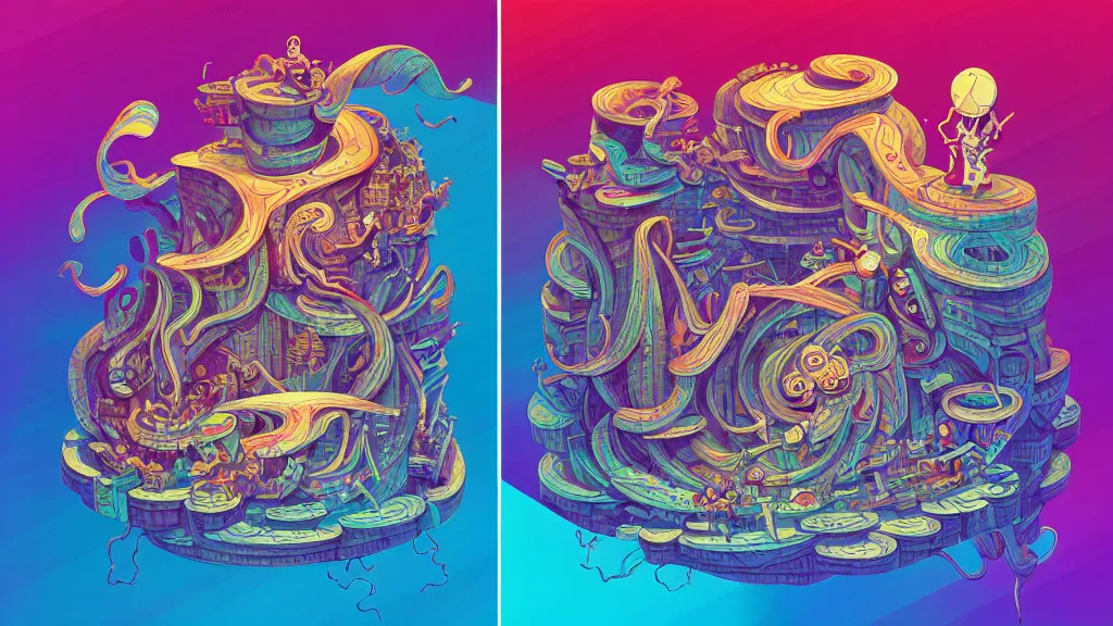 Prompt: twisted turn of fate abstraction, centered award winning ink pen illustration, isometric abstract illustration by dan mumford, edited by craola, technical drawing by beeple and tooth wu, tiny details by artgerm watercolor girl, symmetrically isometrically centered