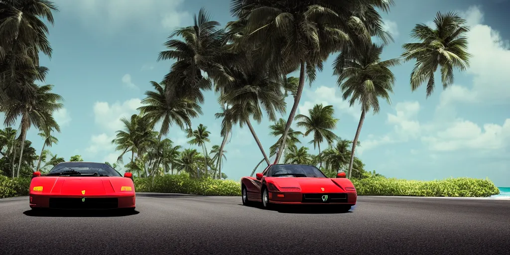 Prompt: award winning photograph of a red ferrari testarossa racing on a road near a white sand beach with palm trees. octane render