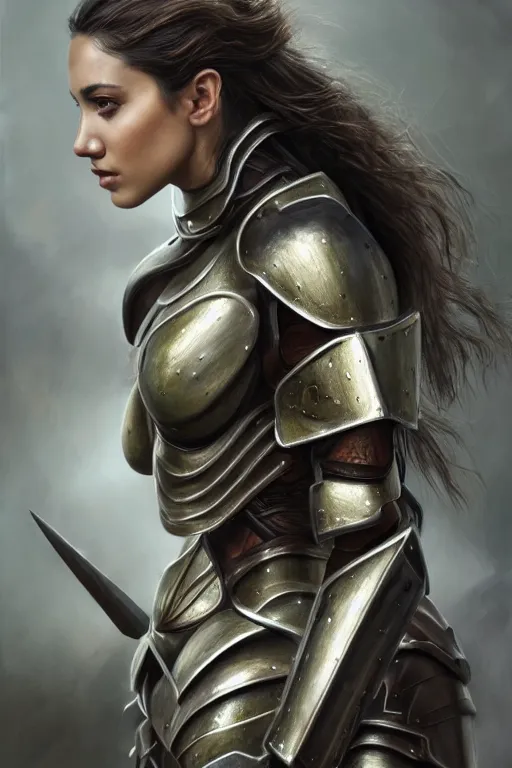 Image similar to a photorealistic painted portrait of an attractive young girl, partially clothed in metal-plated battle armor, olive skin, exotic appearance, long dark hair, flawless skin, beautiful bone structure, perfectly symmetric facial features, perfect photorealistic eyes, natural physique, intricate, elegant, digital painting, concept art, finely detailed, beautifully illustrated, sharp focus, minimal artifacts, from Metal Gear, by Ruan Jia and Mandy Jurgens and Artgerm and William-Adolphe Bouguerea, in the style of Greg Rutkowski, trending on Artstation, award winning art