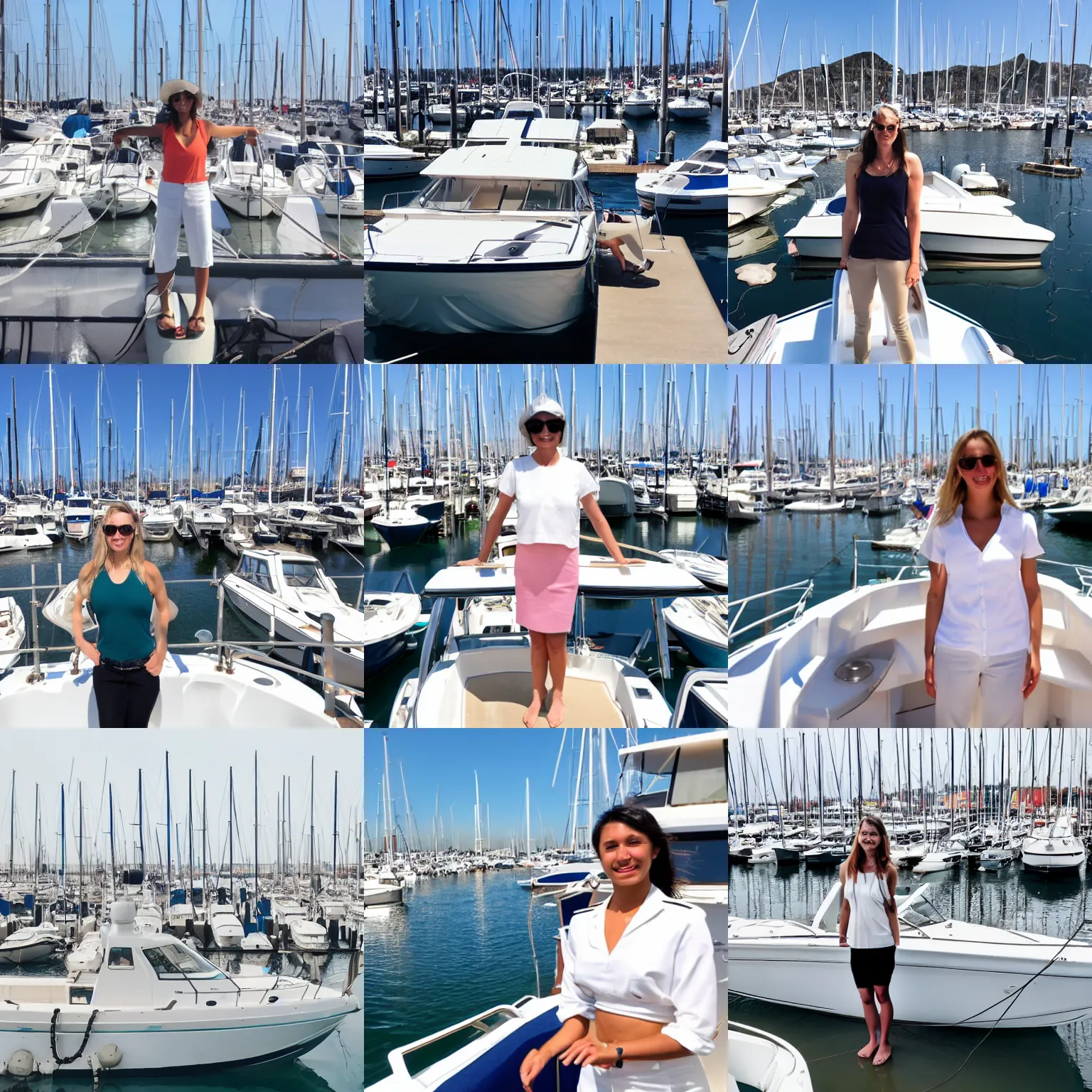 Prompt: sailor standing on boat in marina with other boats behind her