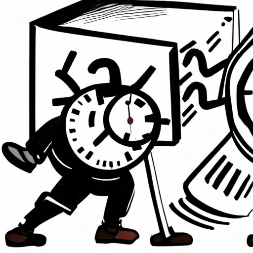 Image similar to a man being dragged by a giant angry alarm clock with arms and legs. cartoon illustration. semi-realistic