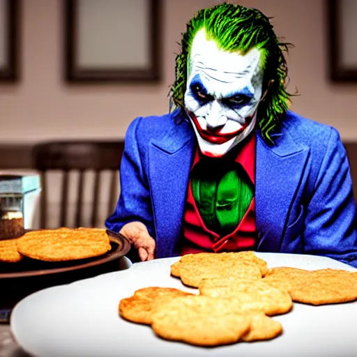 Image similar to cinematic shot of the joker sitting at a table in front of a plate of flour biscuits, 8 k, very detailed, very intricate,