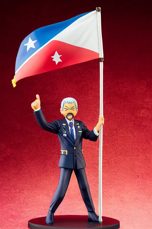 Image similar to still high quality figurine of tall president lula waving a flag, tsurime eyes, tareme eyes, personification, dynamic pose, detailed product photo, featured on amiami, tone mapped, beautiful composition, 8 5 mm, f. 1 4