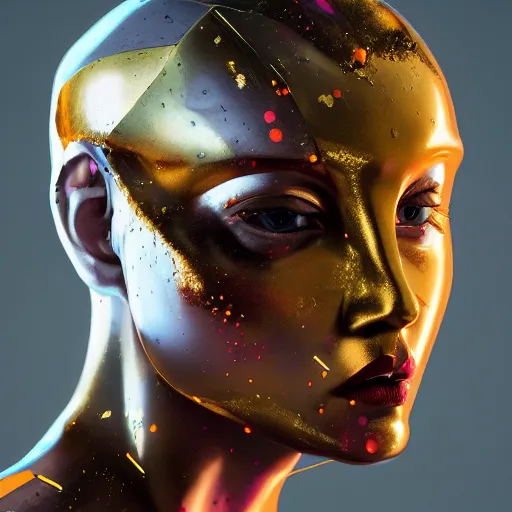 Prompt: portrait of an evil beautiful woman, marble skin, golden helmet, golden splatters, high - tech, cyberpunk, by kim jung gi, irakli nadar, intricate linework, bright colors, octane render,