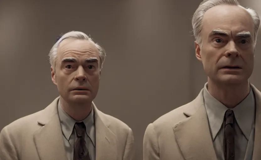 Image similar to Bill Hader as J. Robert Oppenheimer in 'Oppenheimer' (2018), movie still frame, oscar nominated cinematography, volumetric lighting, 8k resolution, beautiful composition